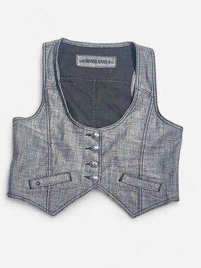 Y2K Grunge Gray Denim Vest with Tiger Stripe Mesh Back pockets liner